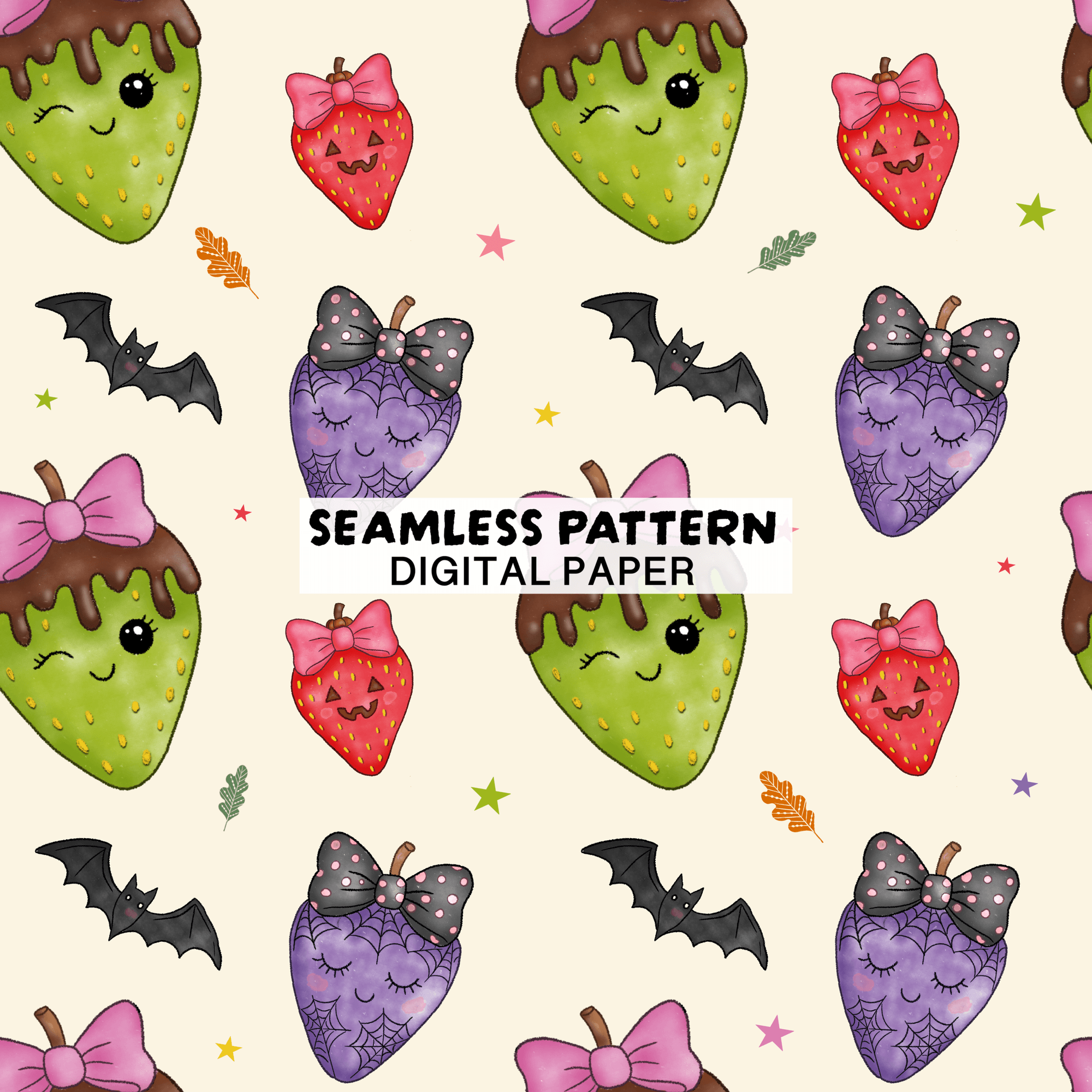 Cute Halloween Strawberry Seamless Pattern — Kawaii Fruit Digital Paper PNG