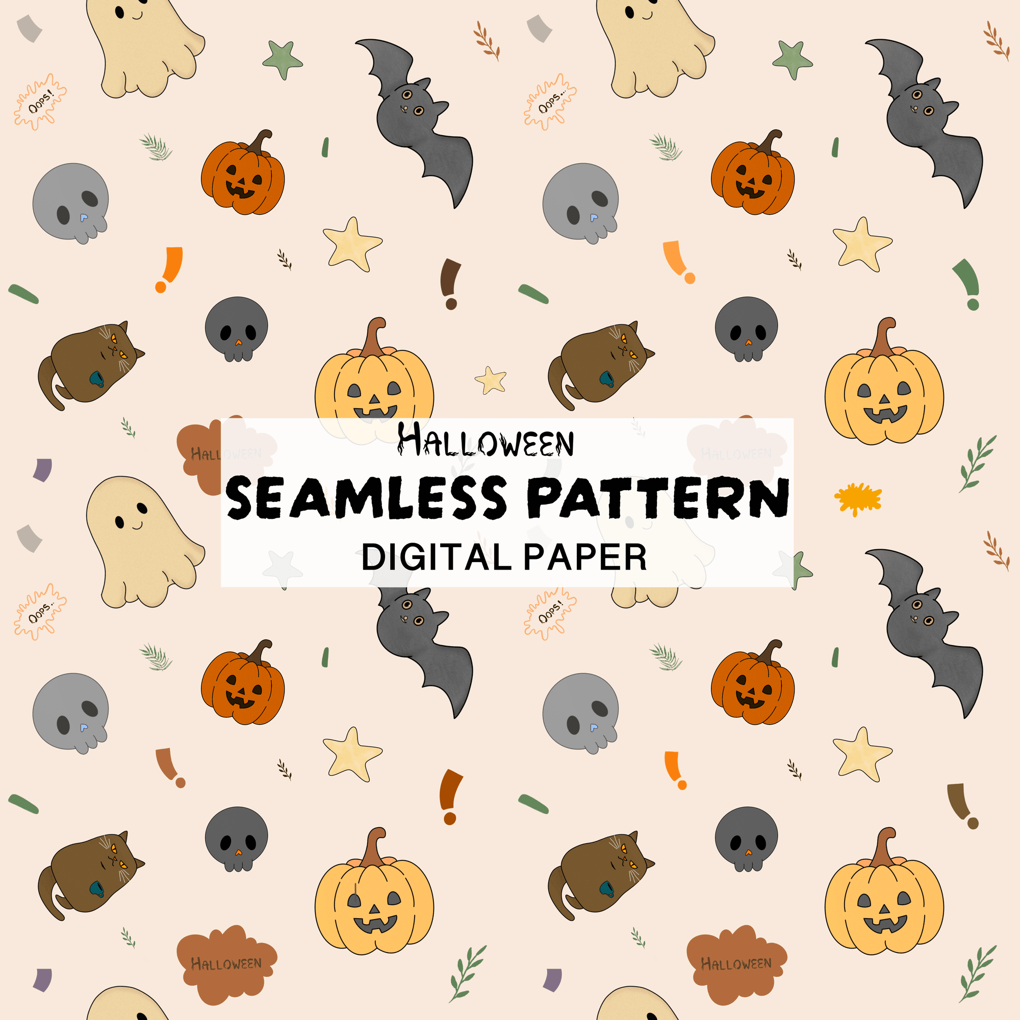 Cute Halloween Seamless Pattern — Ghost, Bat, Pumpkin & Skull Digital Paper